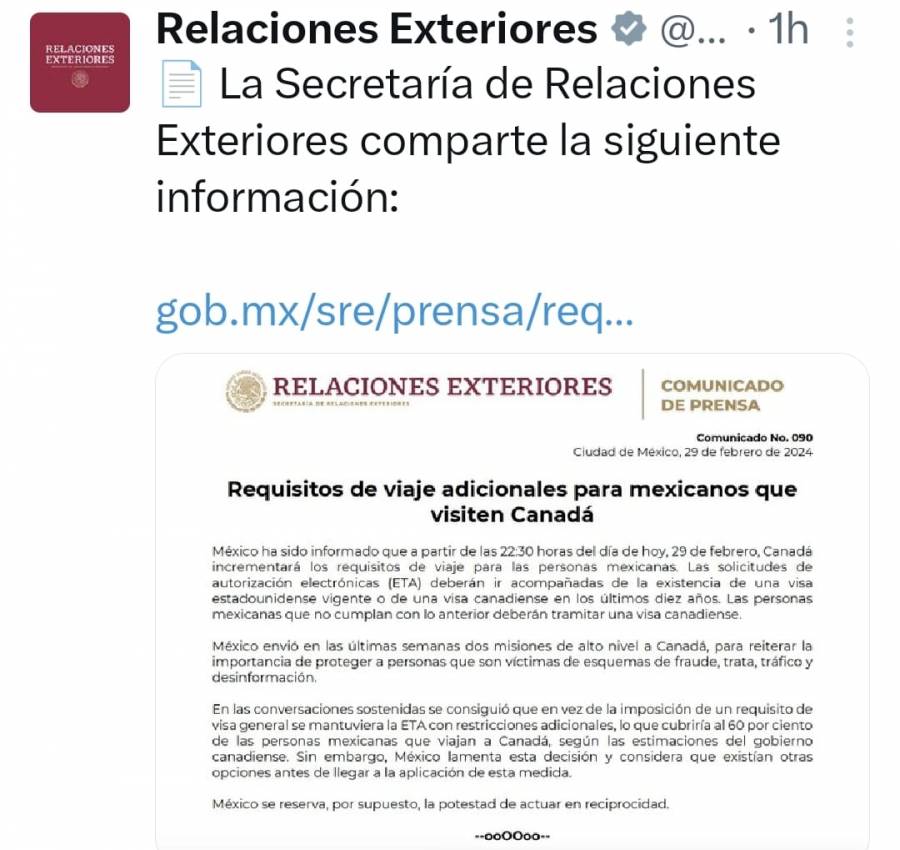 M&eacute;xico lamenta que Canad&aacute; vuelva a pedir visado y analiza actuar en reciprocidad