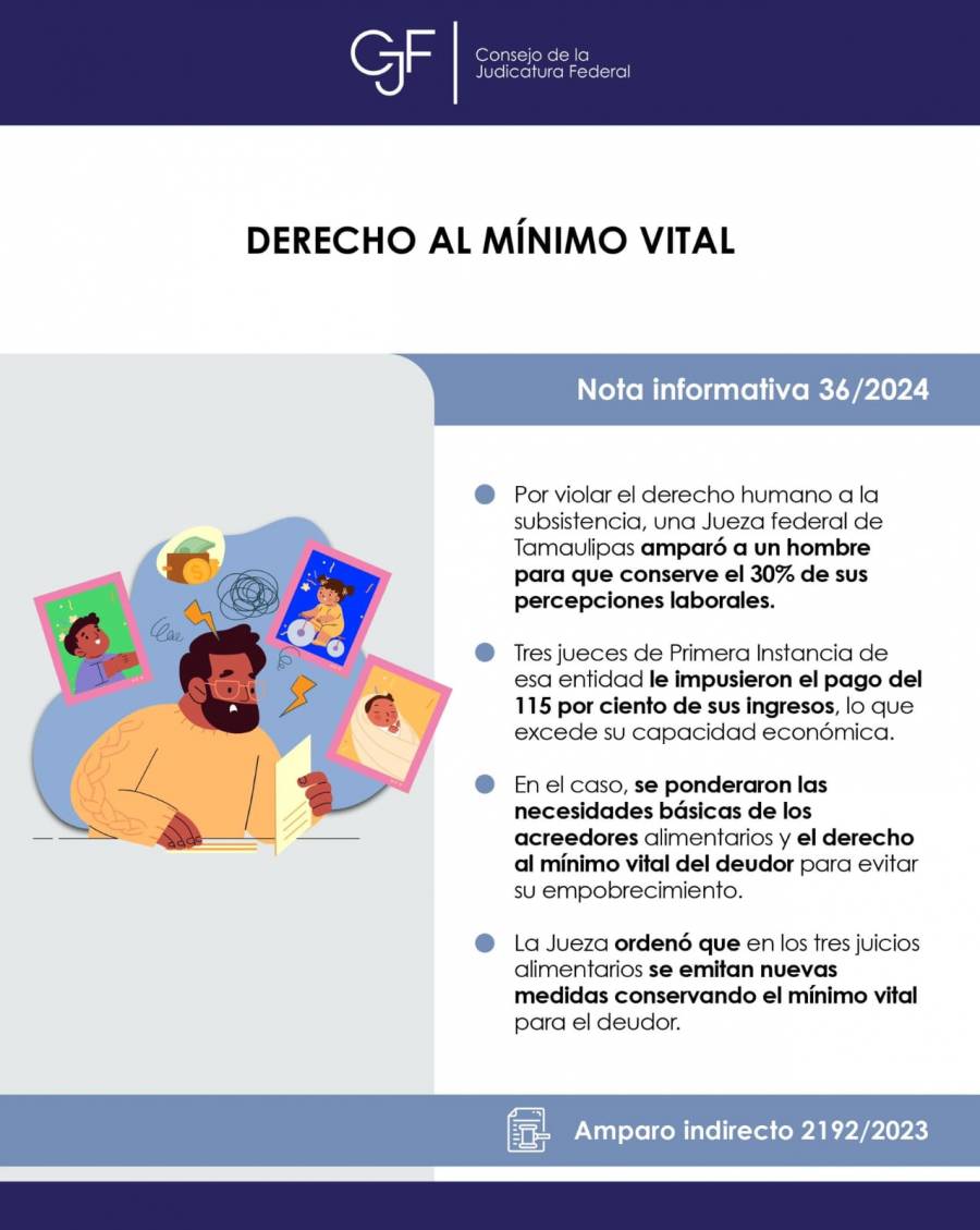 Jueza federal ampara a deudor alimentario para garantizarle ingreso mínimo vital