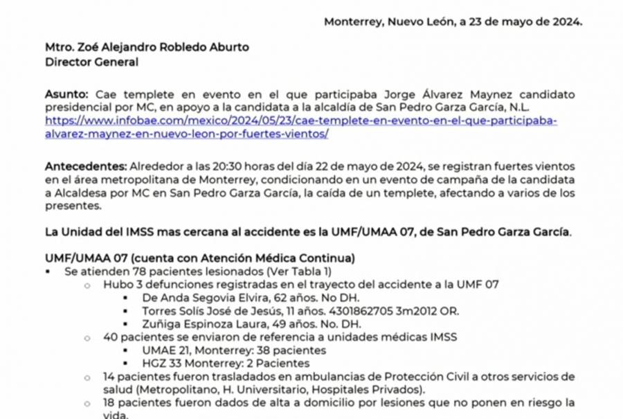 IMSS reporta que 110 personas resultaron lesionadas en acto de campaña de MC por caída de templete; fue un niño de 11 años una de las víctimas mortales